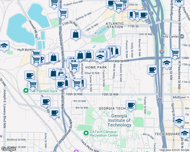 map of restaurants, bars, coffee shops, grocery stores, and more near 454 Ethel Street Northwest in Atlanta