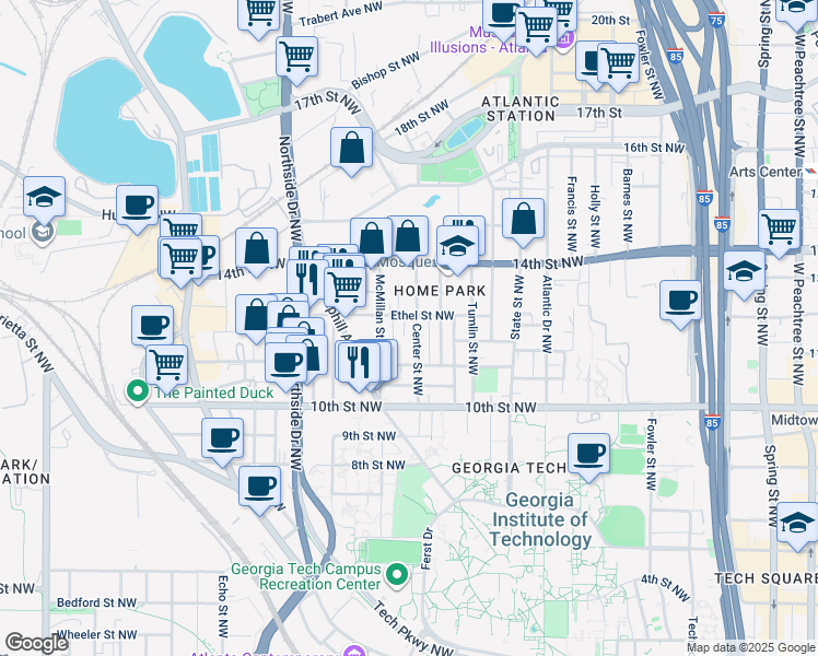 map of restaurants, bars, coffee shops, grocery stores, and more near 494 Ethel Street Northwest in Atlanta