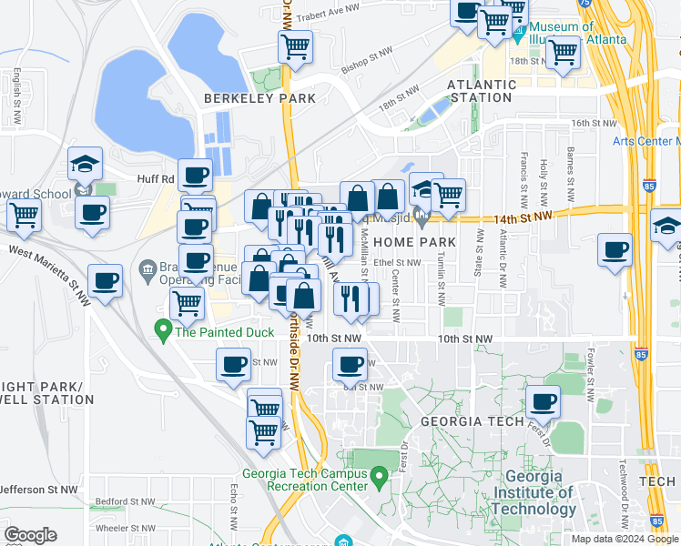 map of restaurants, bars, coffee shops, grocery stores, and more near 538 Ethel Street Northwest in Atlanta