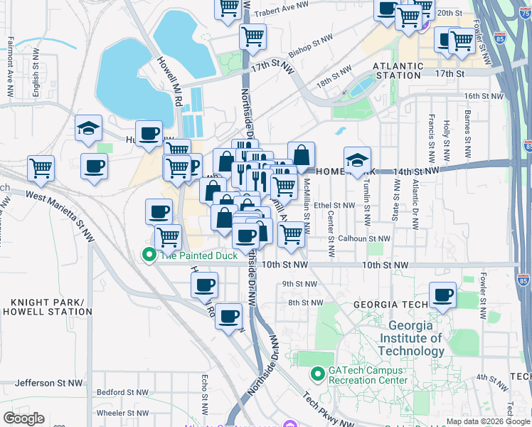 map of restaurants, bars, coffee shops, grocery stores, and more near 570 Ethel Street Northwest in Atlanta