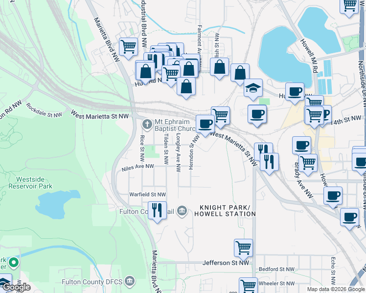 map of restaurants, bars, coffee shops, grocery stores, and more near 1101 Church Street Northwest in Atlanta