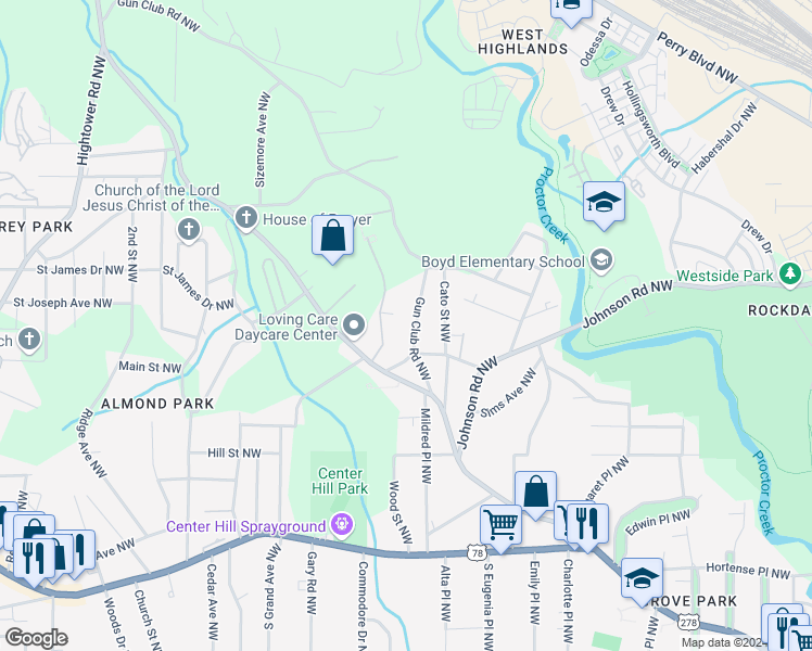 map of restaurants, bars, coffee shops, grocery stores, and more near 1074 Gun Club Road Northwest in Atlanta