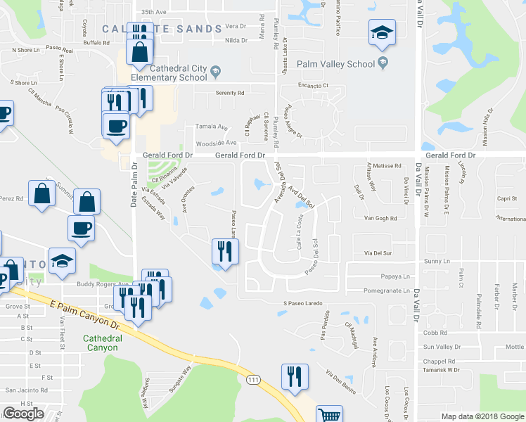 map of restaurants, bars, coffee shops, grocery stores, and more near 36266 Avenue De Las Montana in Cathedral City