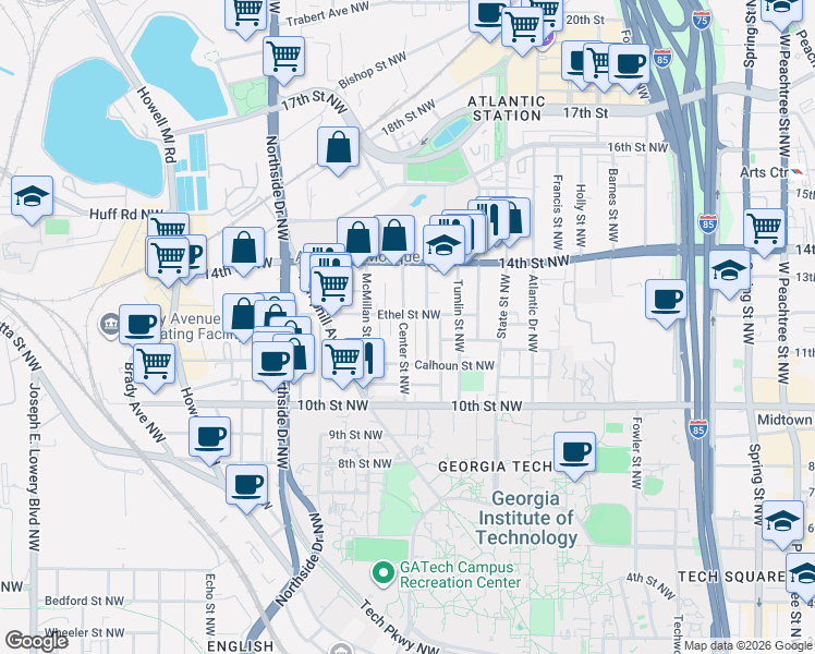 map of restaurants, bars, coffee shops, grocery stores, and more near 454 Ethel Street Northwest in Atlanta