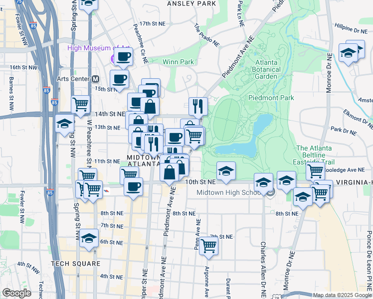 map of restaurants, bars, coffee shops, grocery stores, and more near 1078 Piedmont Avenue Northeast in Atlanta