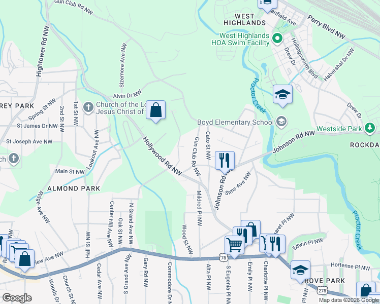 map of restaurants, bars, coffee shops, grocery stores, and more near 1074 Gun Club Road Northwest in Atlanta