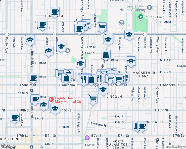 map of restaurants, bars, coffee shops, grocery stores, and more near 1410 Lemon Avenue in Long Beach