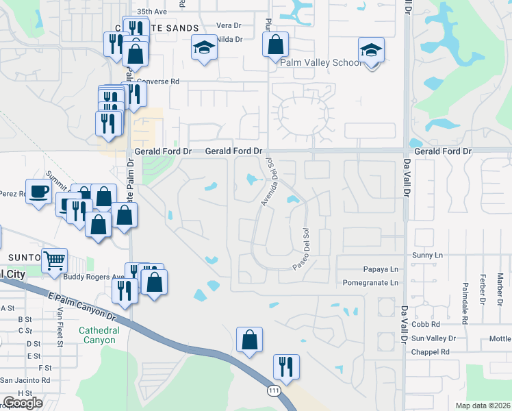 map of restaurants, bars, coffee shops, grocery stores, and more near 36266 Avenue De Las Montana in Cathedral City