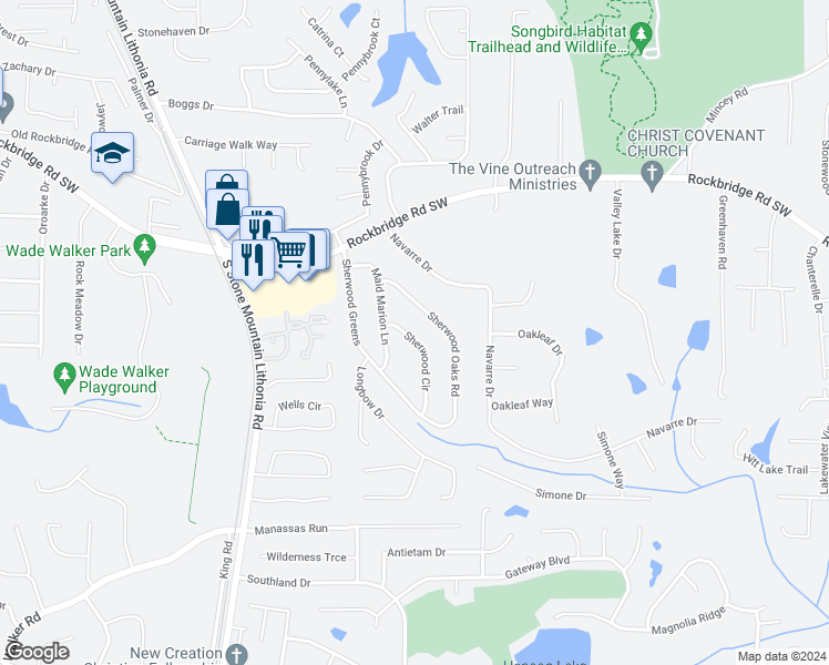 map of restaurants, bars, coffee shops, grocery stores, and more near 430 Sherwood Circle in Stone Mountain