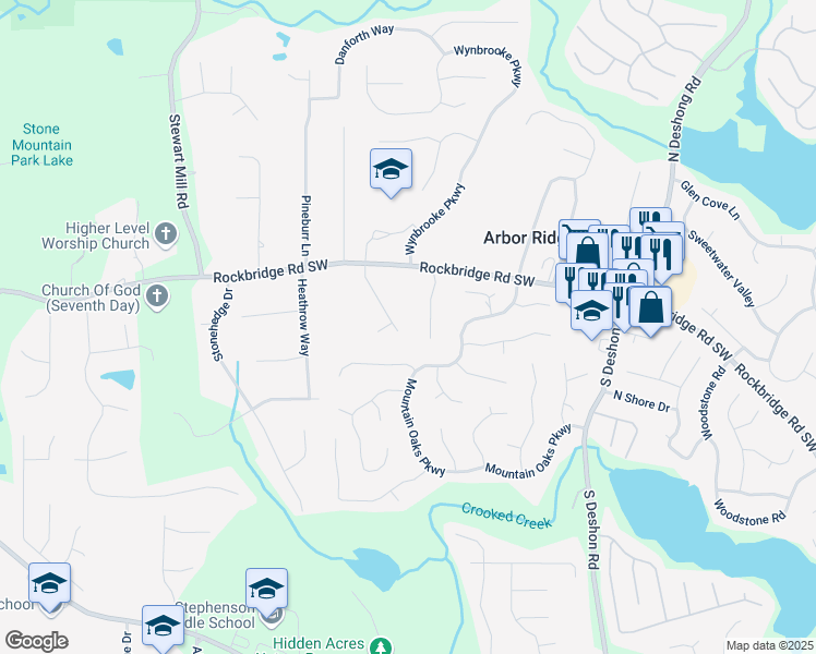 map of restaurants, bars, coffee shops, grocery stores, and more near 490 Ravines Drive in Stone Mountain