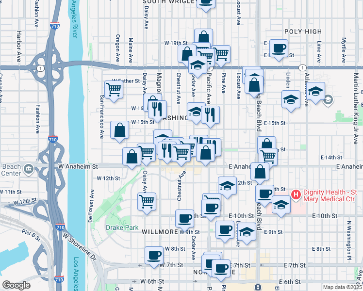 map of restaurants, bars, coffee shops, grocery stores, and more near 345 West 14th Street in Long Beach