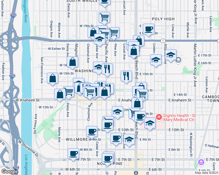 map of restaurants, bars, coffee shops, grocery stores, and more near 127 West 14th Street in Long Beach