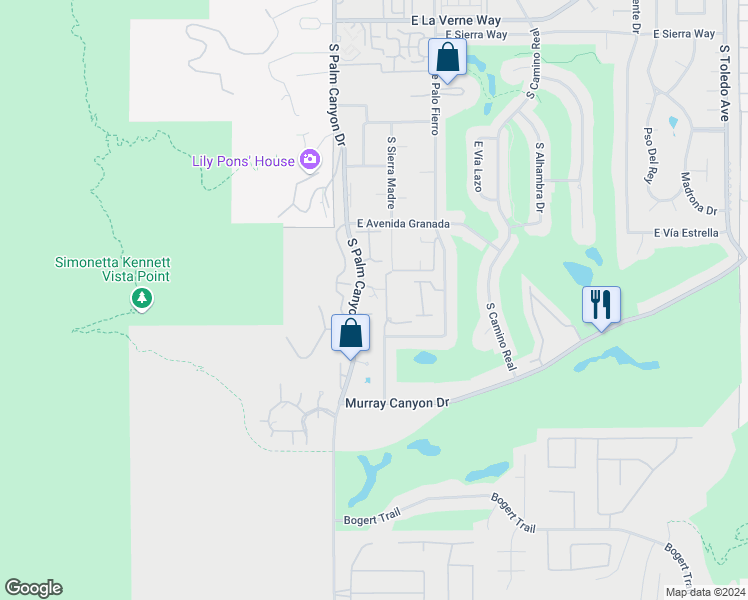 map of restaurants, bars, coffee shops, grocery stores, and more near 2600 South Palm Canyon Drive in Palm Springs