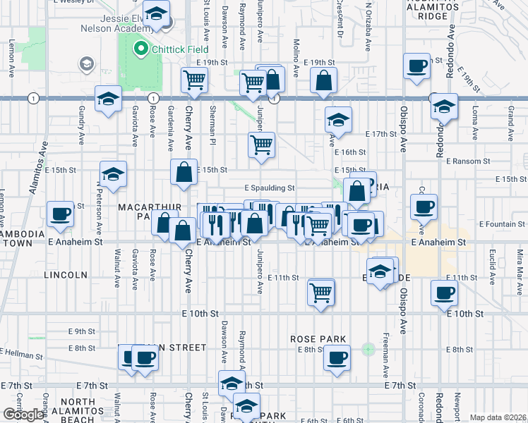 map of restaurants, bars, coffee shops, grocery stores, and more near 1380 Junipero Avenue in Long Beach