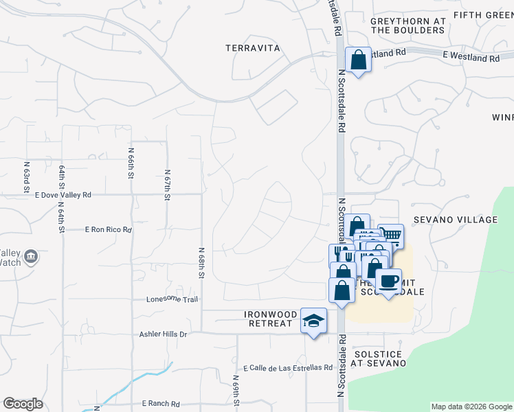 map of restaurants, bars, coffee shops, grocery stores, and more near 32892 North 69th Street in Scottsdale