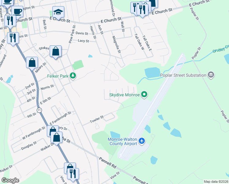 map of restaurants, bars, coffee shops, grocery stores, and more near 642 Mill Stone Bluff in Monroe
