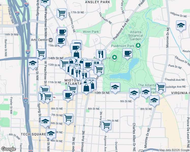 map of restaurants, bars, coffee shops, grocery stores, and more near 1078 Piedmont Avenue Northeast in Atlanta