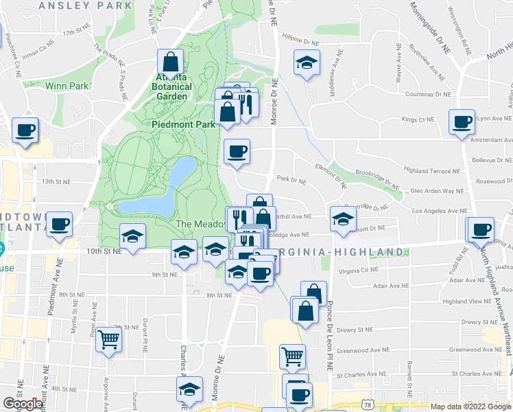 map of restaurants, bars, coffee shops, grocery stores, and more near 566 Cresthill Avenue Northeast in Atlanta