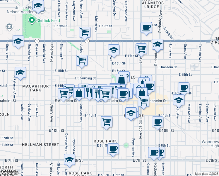 map of restaurants, bars, coffee shops, grocery stores, and more near 1381 Temple Avenue in Long Beach