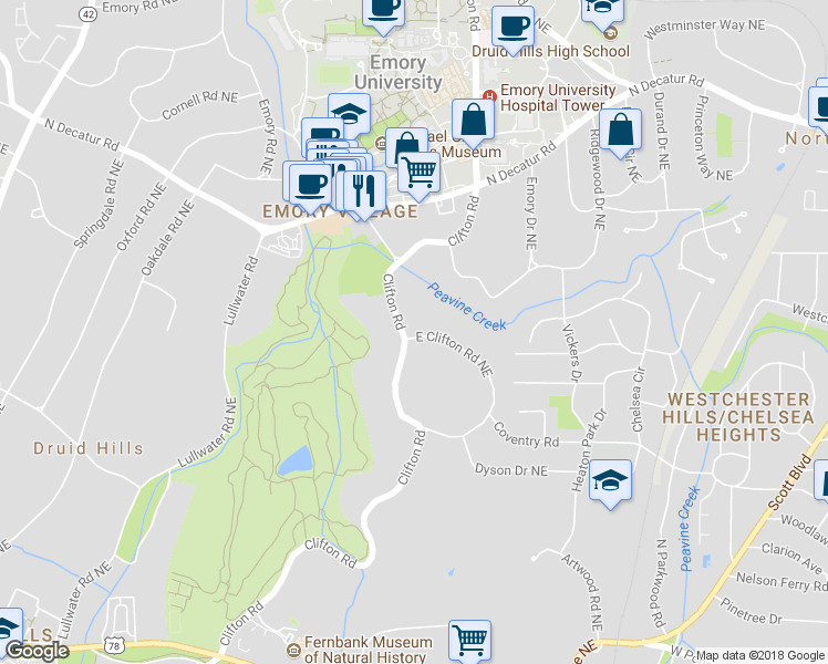 map of restaurants, bars, coffee shops, grocery stores, and more near 1079 Clifton Road Northeast in Atlanta