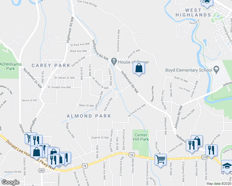 map of restaurants, bars, coffee shops, grocery stores, and more near 1967 Ada Ave NW in Atlanta