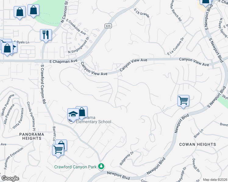 map of restaurants, bars, coffee shops, grocery stores, and more near 6315 East Rocking Horse Way in Orange