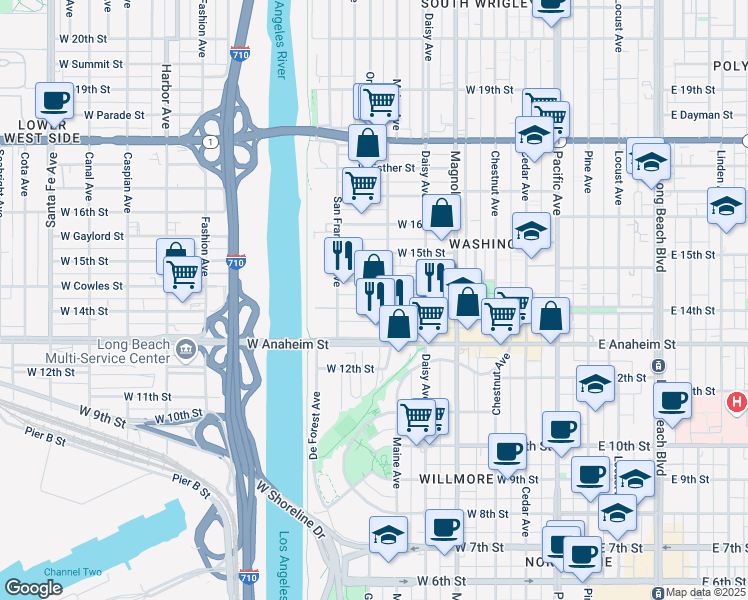 map of restaurants, bars, coffee shops, grocery stores, and more near 724 West Cowles Street in Long Beach