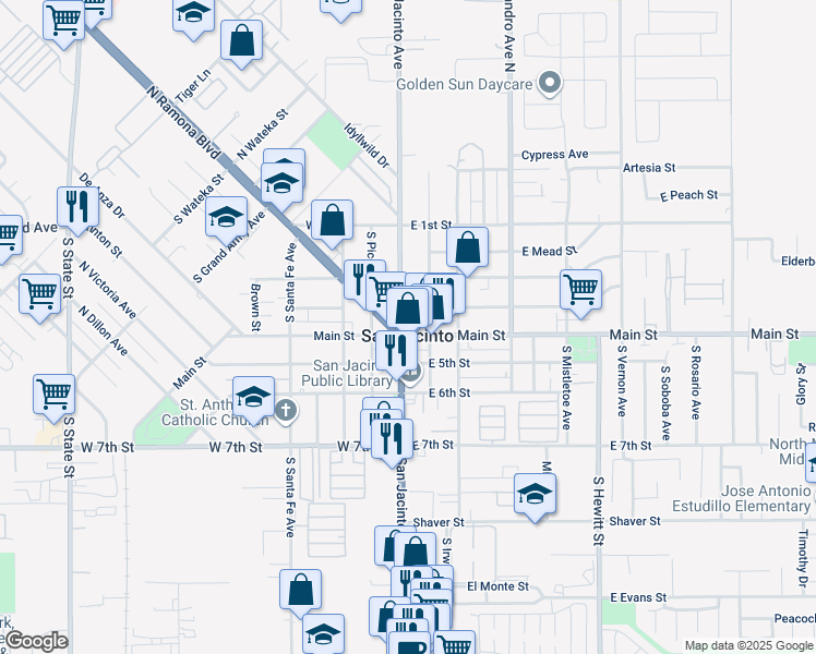 map of restaurants, bars, coffee shops, grocery stores, and more near 123 East Main Street in San Jacinto