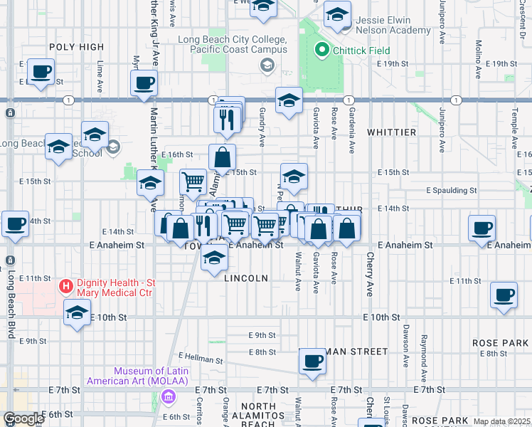 map of restaurants, bars, coffee shops, grocery stores, and more near 1360 Gundry Avenue in Long Beach