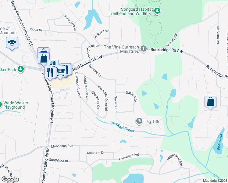 map of restaurants, bars, coffee shops, grocery stores, and more near 465 Navarre Drive in Stone Mountain