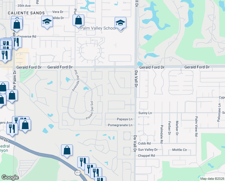 map of restaurants, bars, coffee shops, grocery stores, and more near 36371 Dali Drive in Cathedral City