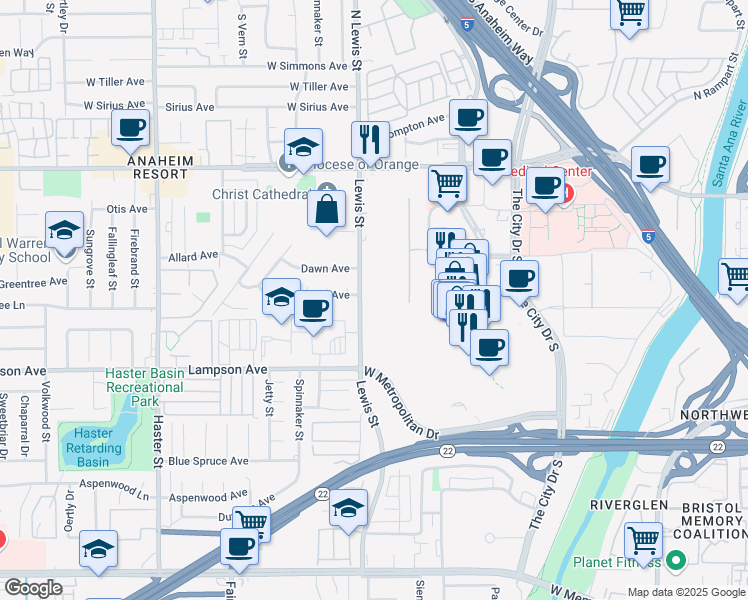 map of restaurants, bars, coffee shops, grocery stores, and more near 600 City Parkway West in Orange
