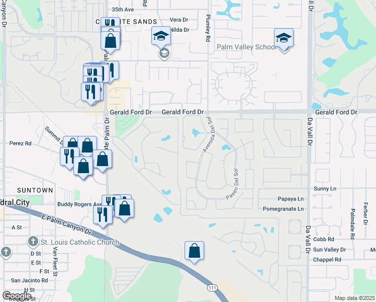 map of restaurants, bars, coffee shops, grocery stores, and more near 69389 Avenue De Las Montana in Cathedral City