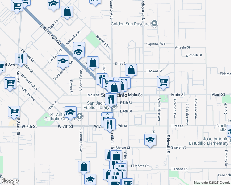 map of restaurants, bars, coffee shops, grocery stores, and more near 123 East Main Street in San Jacinto