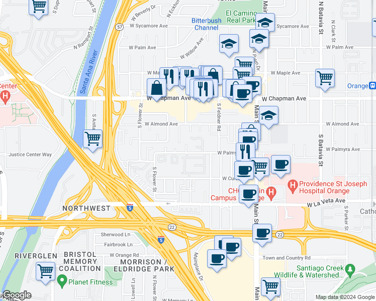 map of restaurants, bars, coffee shops, grocery stores, and more near 1907 West Palmyra Avenue in Orange