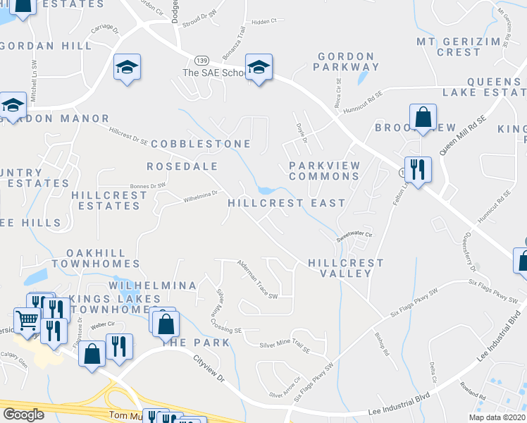 map of restaurants, bars, coffee shops, grocery stores, and more near 6992 Satterlee Woods Lane in Austell