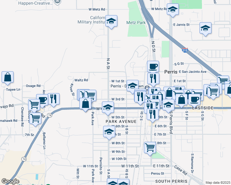 map of restaurants, bars, coffee shops, grocery stores, and more near 359 West 2nd Street in Perris