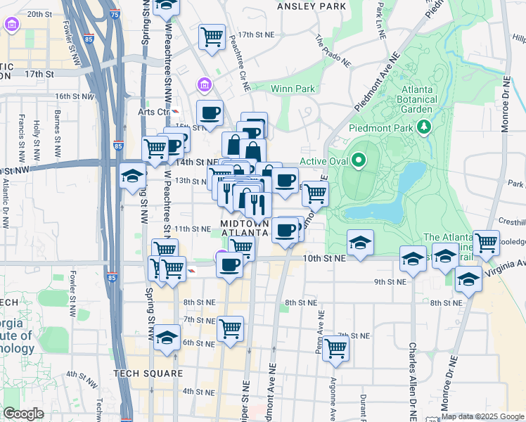 map of restaurants, bars, coffee shops, grocery stores, and more near 1075 Peachtree Street Northeast in Atlanta