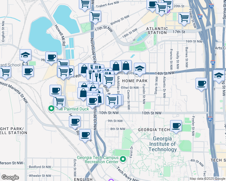 map of restaurants, bars, coffee shops, grocery stores, and more near 544 Ethel Street Northwest in Atlanta