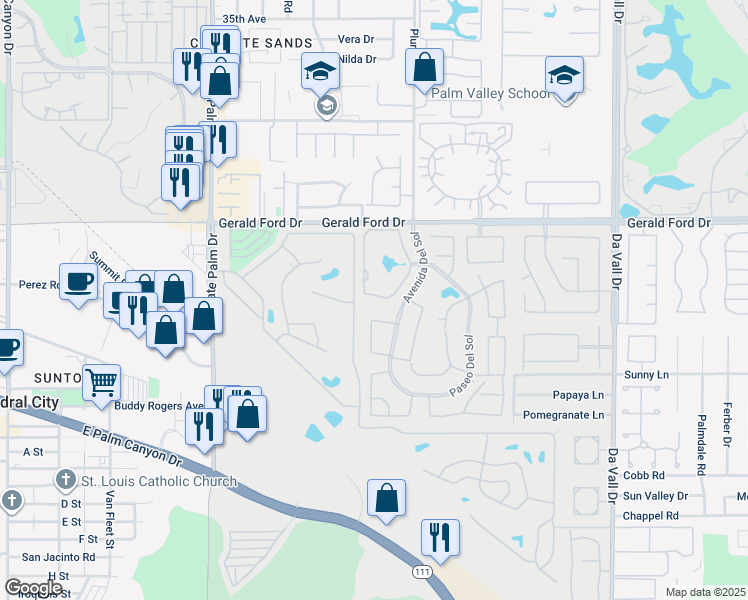 map of restaurants, bars, coffee shops, grocery stores, and more near 69389 Avenue De Las Montana in Cathedral City