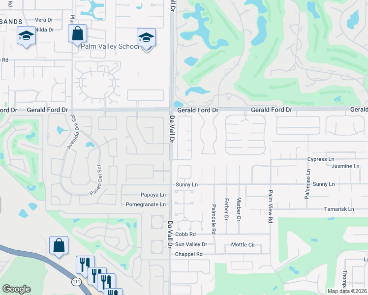 map of restaurants, bars, coffee shops, grocery stores, and more near 33 Del Rey Court in Rancho Mirage