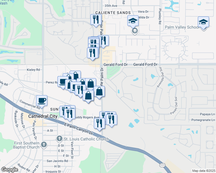map of restaurants, bars, coffee shops, grocery stores, and more near 159 Estrada Way in Cathedral City