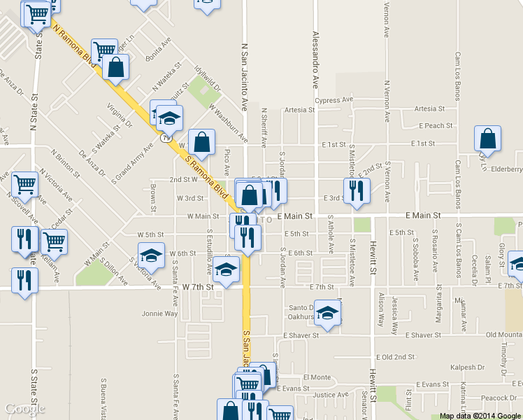 map of restaurants, bars, coffee shops, grocery stores, and more near in San Jacinto