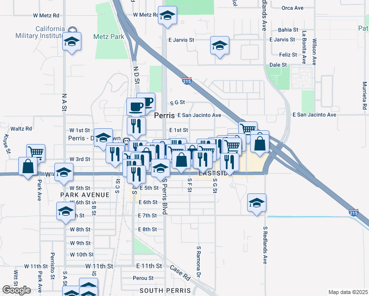 map of restaurants, bars, coffee shops, grocery stores, and more near 237 East 2nd Street in Perris