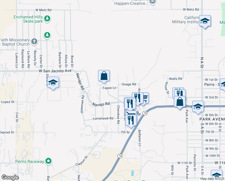 map of restaurants, bars, coffee shops, grocery stores, and more near 985 Tepee Lane in Perris
