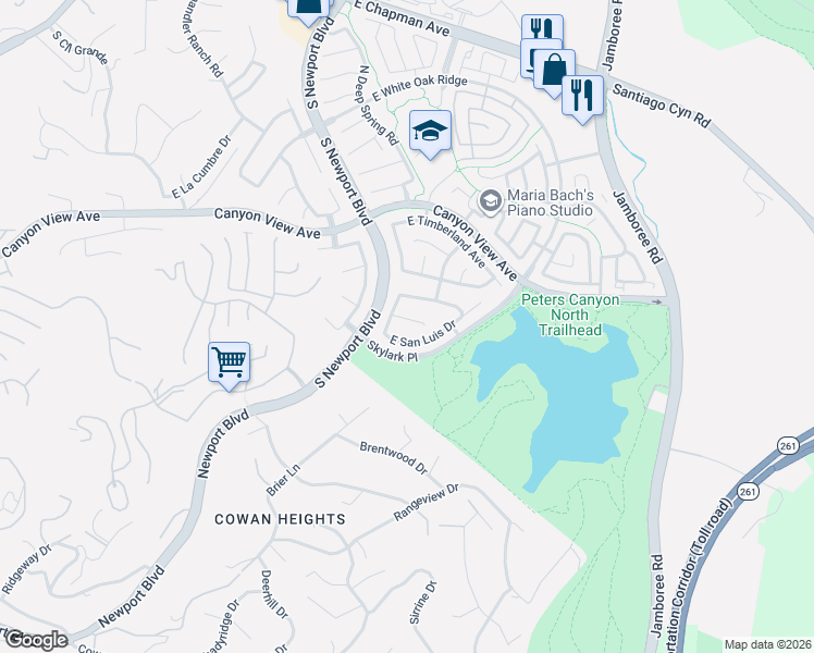 map of restaurants, bars, coffee shops, grocery stores, and more near 7838 East Salinas Court in Orange