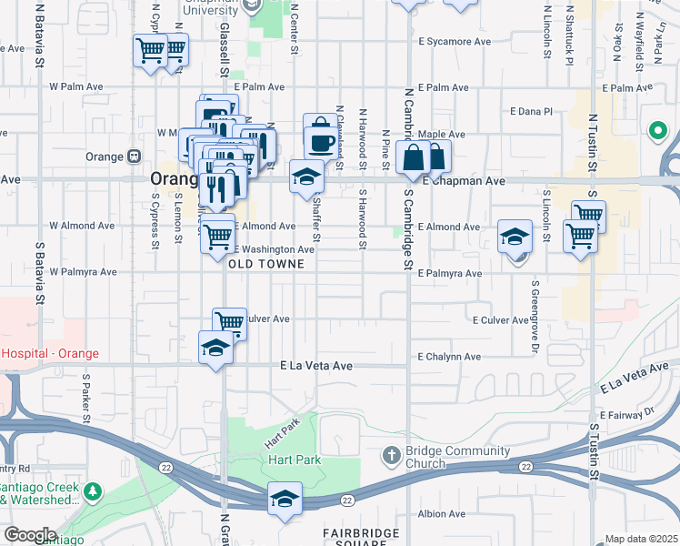 map of restaurants, bars, coffee shops, grocery stores, and more near 605 East Palmyra Avenue in Orange
