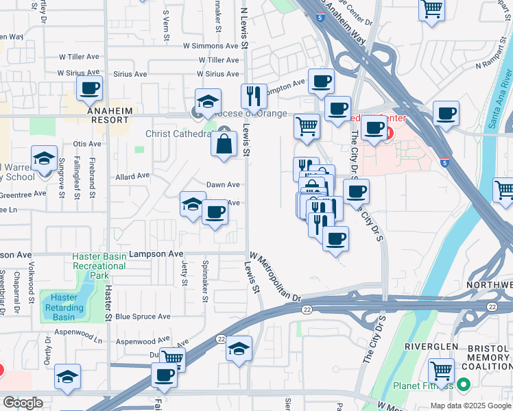 map of restaurants, bars, coffee shops, grocery stores, and more near 600 City Parkway West in Orange