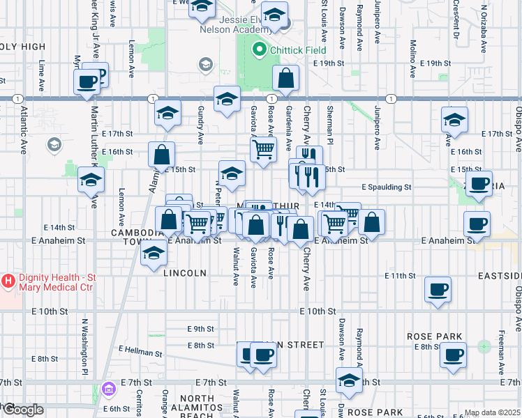 map of restaurants, bars, coffee shops, grocery stores, and more near 1401 Rose Avenue in Long Beach