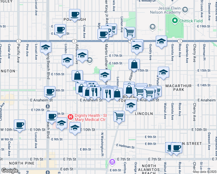 map of restaurants, bars, coffee shops, grocery stores, and more near 1001 East New York Street in Long Beach